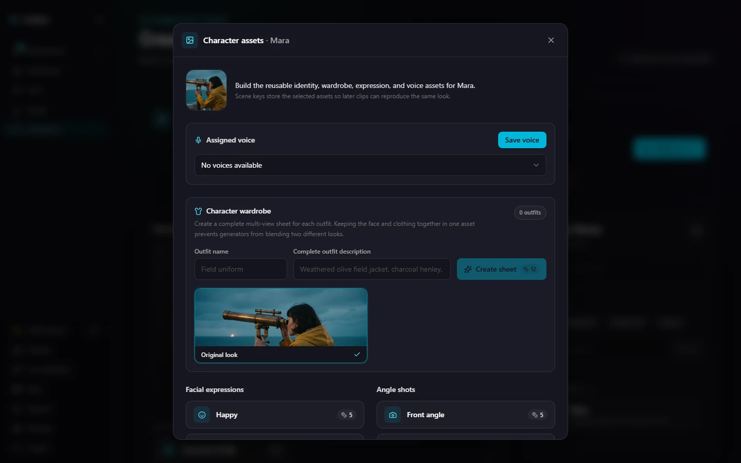 CineGen character library with a saved character and appearance references