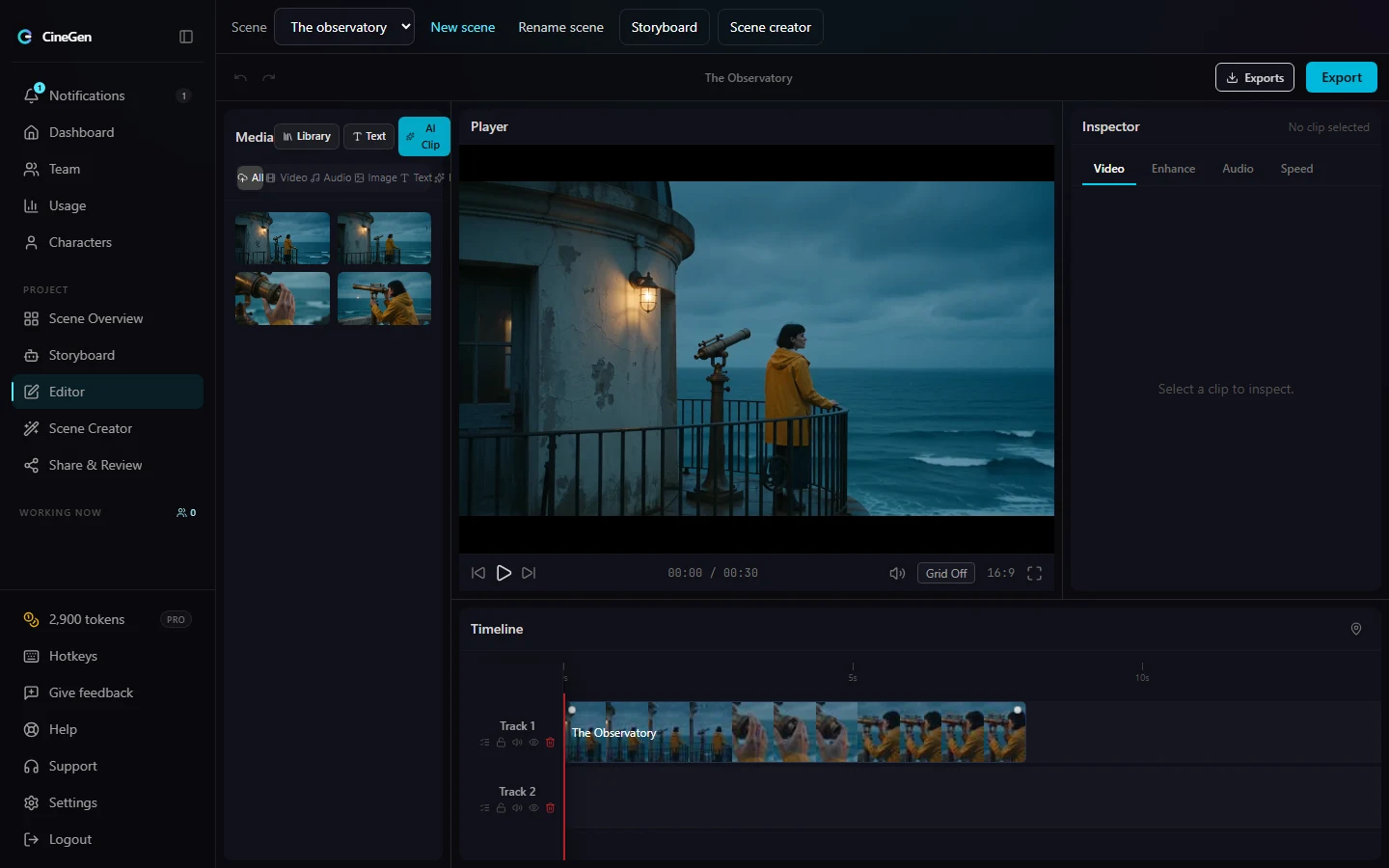 The CineGen timeline editor with Observatory footage, a media library, preview, and multiple tracks