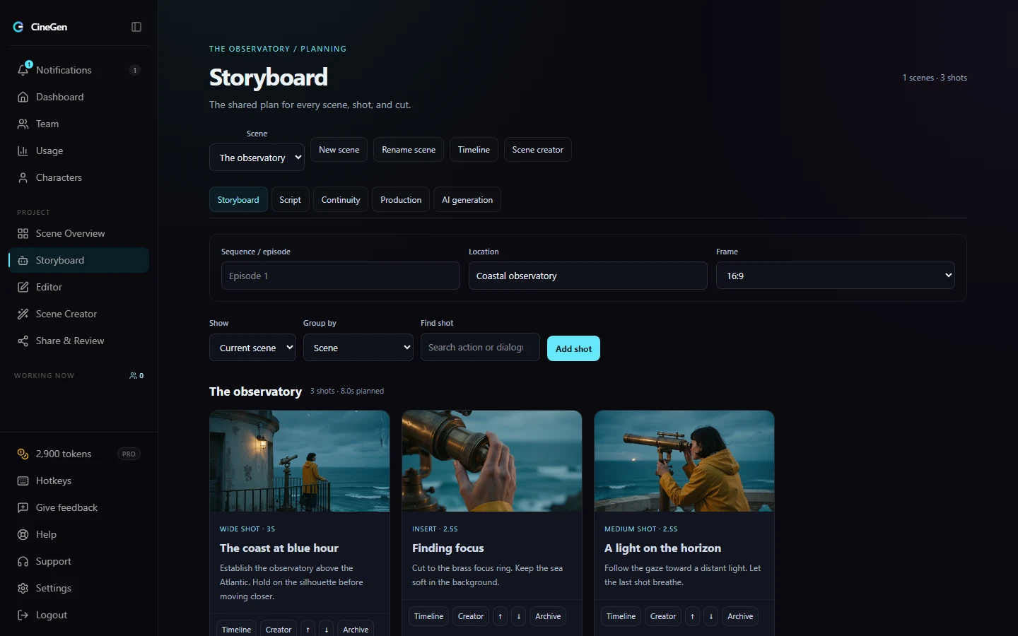 CineGen storyboard with shot panels and scene planning for The Observatory