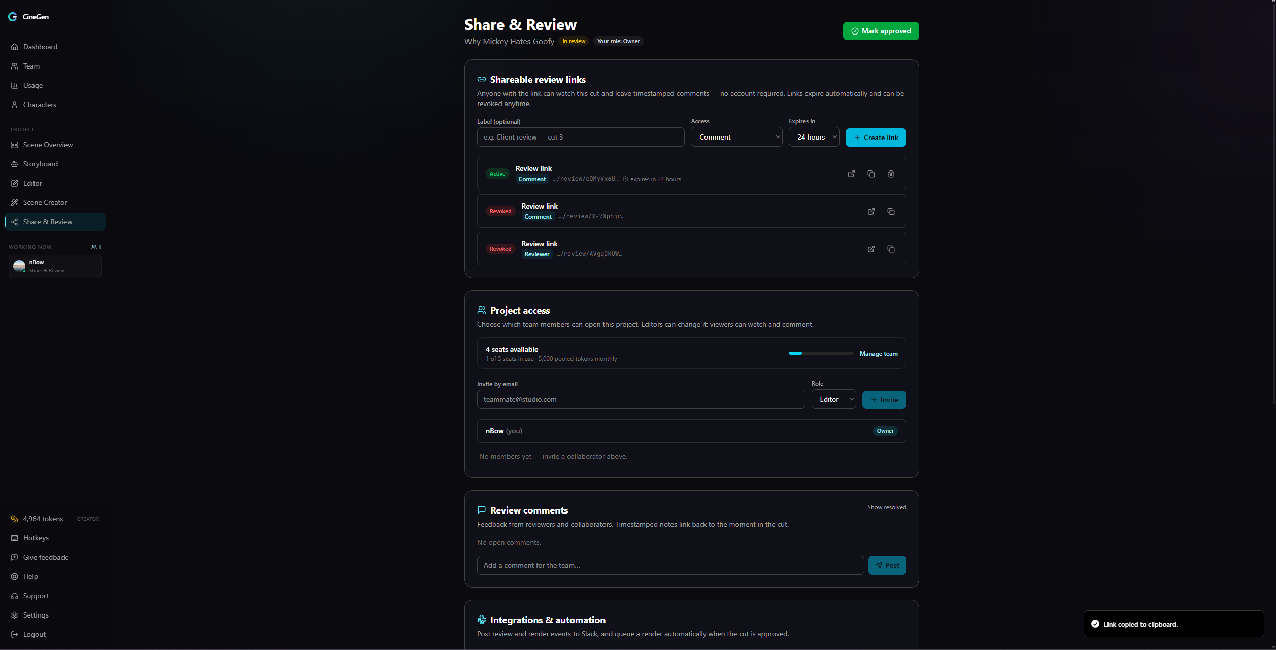 The CineGen Share and Review page with shareable review links and project access controls