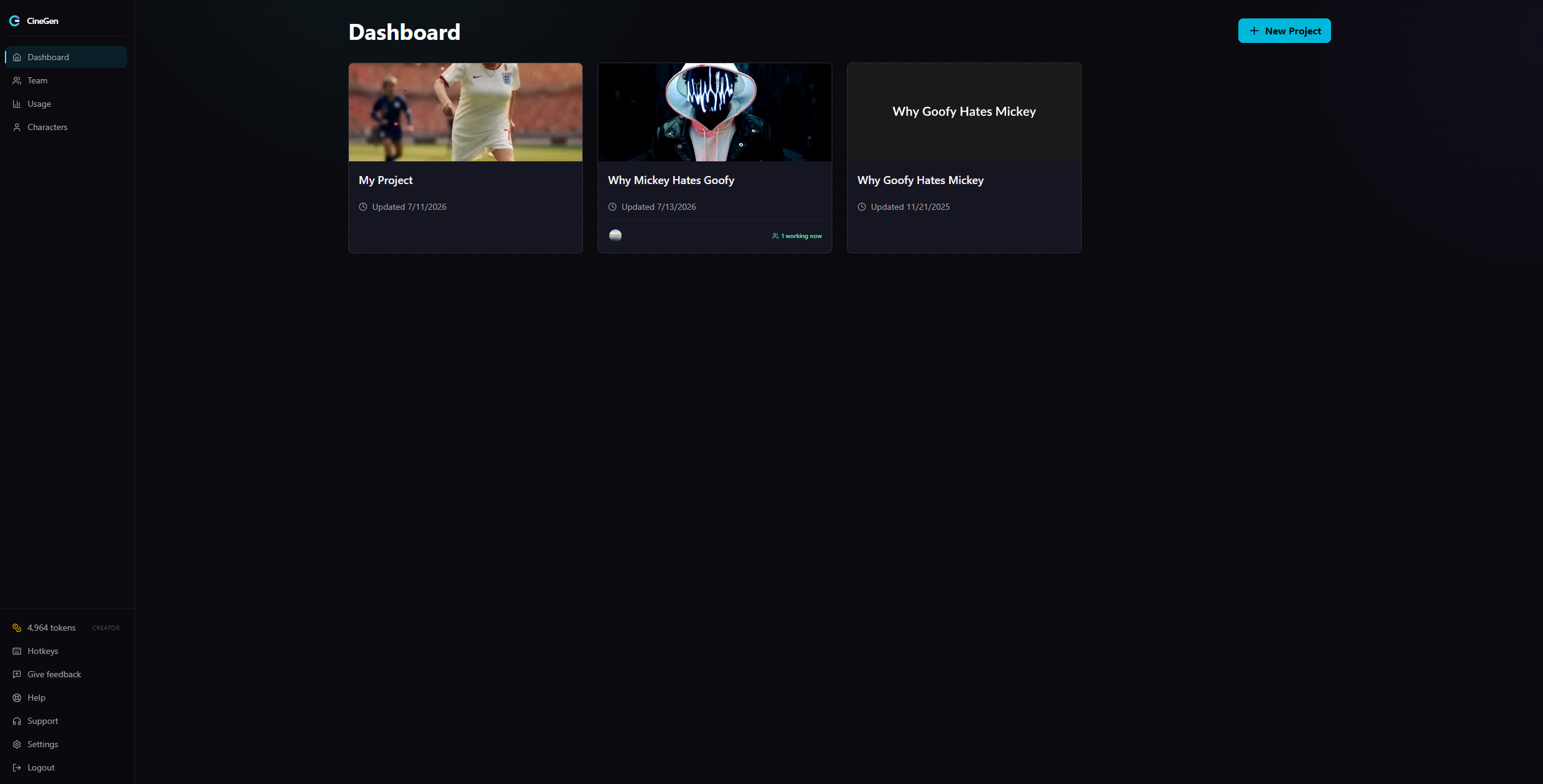 The CineGen project dashboard with project thumbnails and statuses