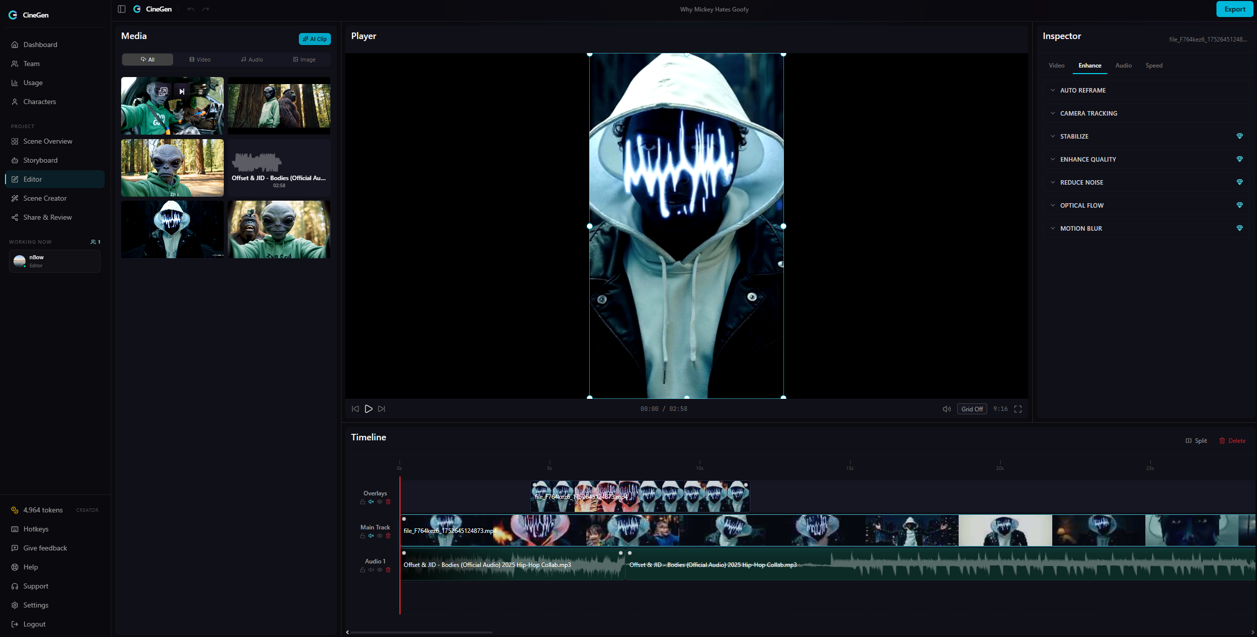 The CineGen timeline editor with a media bin of generated scene stills, video preview player, inspector panel, and multi-track timeline