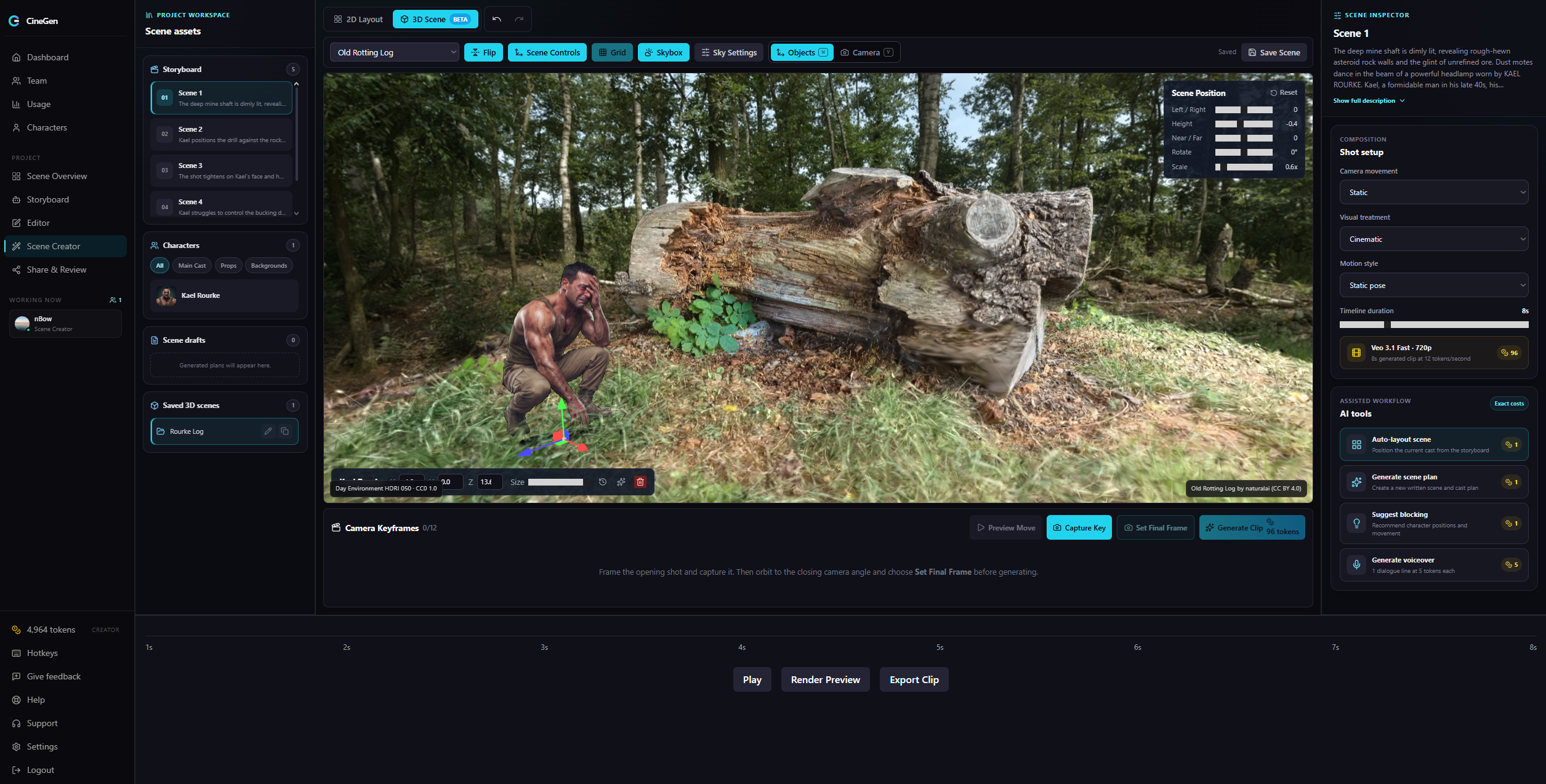 The CineGen 3D Scene Creator with a 2D and 3D layout toggle, storyboard scenes, and a shot setup inspector