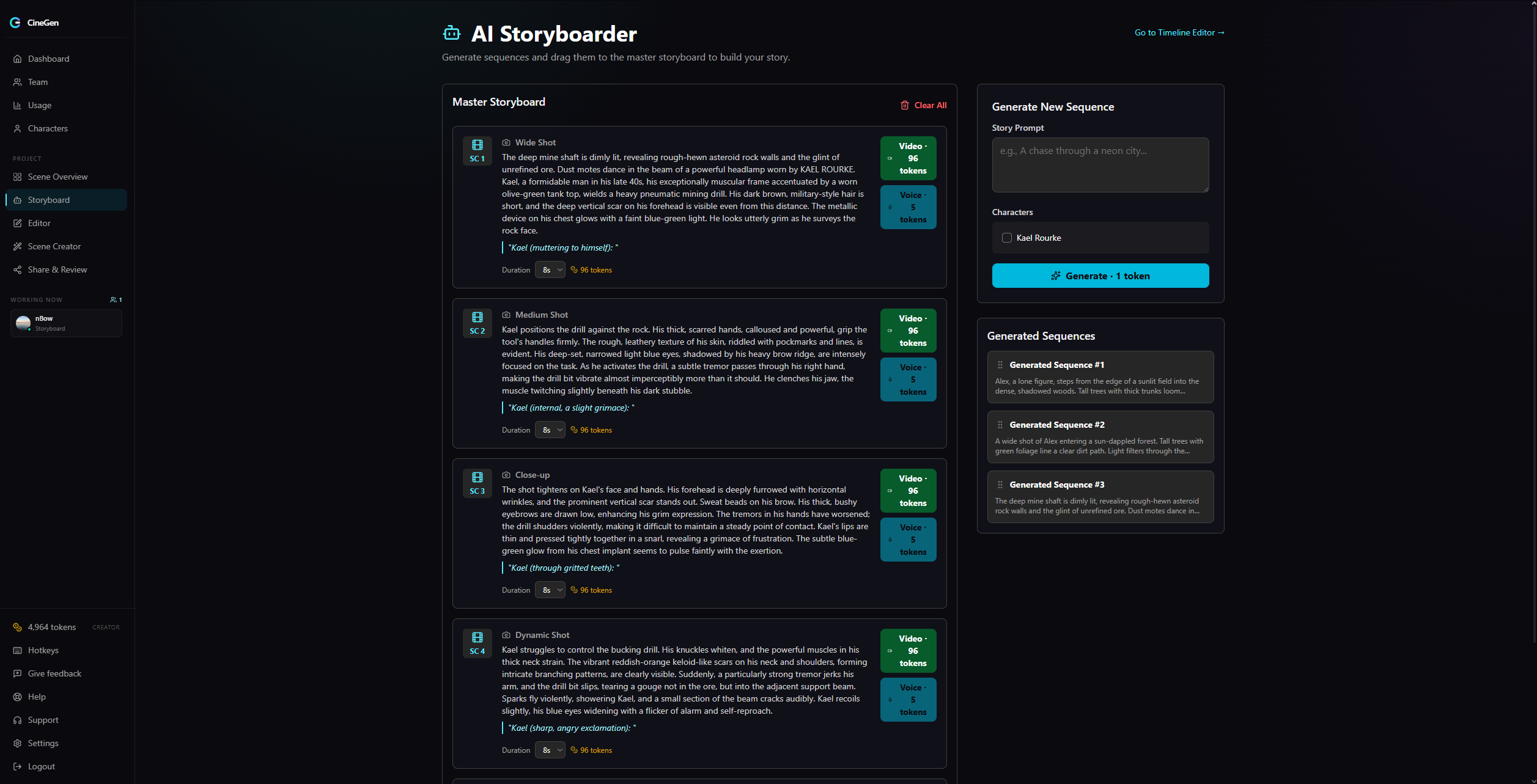 The AI Storyboarder generating multi-scene sequences with shot types and dialogue